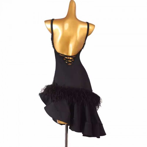 Customized size black feather tutbe fringe competition latin dance dresses salsa rumba chacha ballroom dance wear irregular skirts for female
